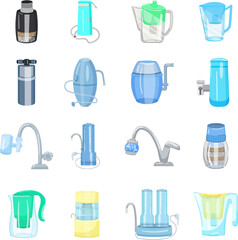 Filter water icons set cartoon vector. System filter. Water purifier