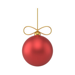 Christmas red bauble with gold rope bow. Traditional glass toy with minimalistic designer ornament