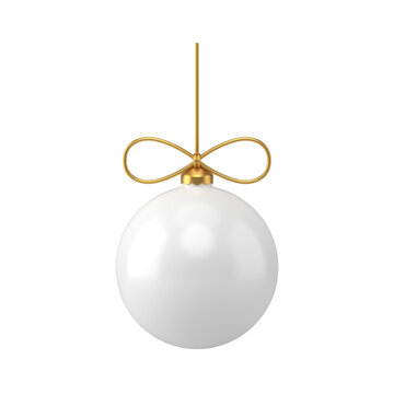 White glass bauble with gold 3d rope bow. Realistic christmas toy with designer ornament