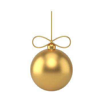 New year glass bauble with gold 3d rope bow. Round hanging christmas toy with matte ornament