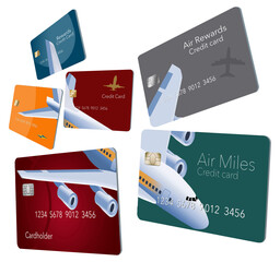 Six credit cards that offer air travel mileage rewards and perks are decorated with an image of an airplane that is seen from above flying high in the sky. - obrazy, fototapety, plakaty