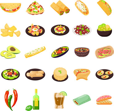 Mexican food icons set cartoon vector. Healthy tacos. Salsa taco