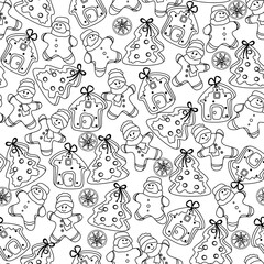 Vector hand drawn seamless pattern. Christmas, winter doodle elements. Isolated on white background. Trees, wreaths, presents, sweets, gingerbread. For background, print, textile, fabrics, gift bags