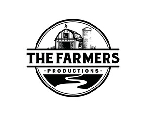 Barn or red barn with river illustration symbol icon vintage logo vector. Farm hand drawn logo design © Vilogsign