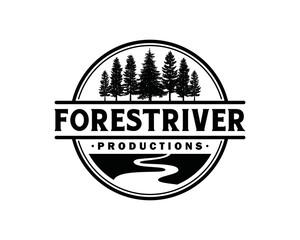 Pine trees forest with river  nature symbol icon vintage logo vector. Silhouette pine trees 