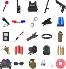 Police equipment icons set cartoon vector. Handcuff army. Tech gun