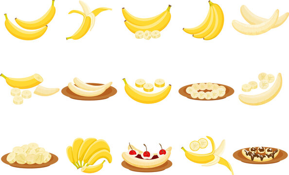 Banana icons set cartoon vector. Monkey peel. Ripe fruit