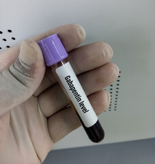 Blood sample for Gabapentin level test. Set therapeutic dose. Epilepsy, seizures.