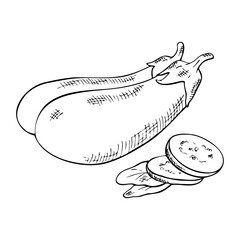 composition of two eggplants with eggplant circles lying next to each other, black and white drawing, hatching