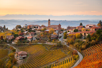 view of Treiso in Autumn, Langhe, Piedmont, Italy