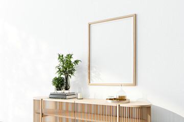 Vertical poster arts mockup with wooden frames on white wall, view 2, green plant, books. 3d rendering, illustration