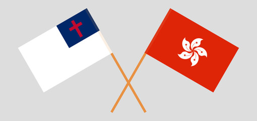 Crossed flags of christianity and Hong Kong. Official colors. Correct proportion