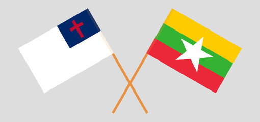 Crossed flags of christianity and Myanmar. Official colors. Correct proportion