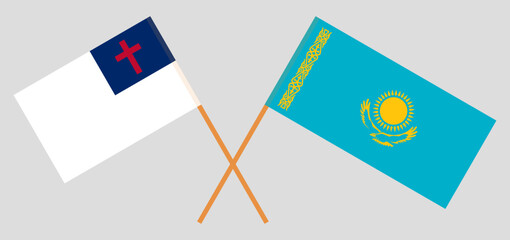 Crossed flags of christianity and Kazakhstan. Official colors. Correct proportion