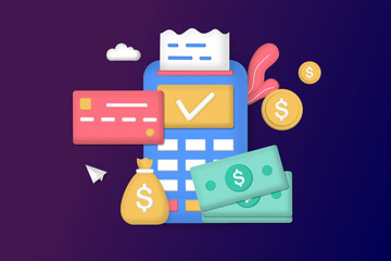 3D bill payment with credit card for online shopping. Concept of payment processing, financial transactions, transfer, bank card, terminal for buying process, monetary currencies. Vector illustration.