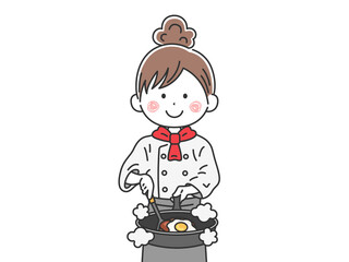 フライパンで調理する、女性シェフのイラスト