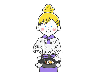 フライパンで調理する、白人の女性シェフのイラスト