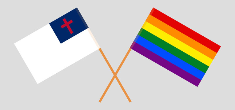 Crossed flags of christianity and LGBTQ. Official colors. Correct proportion