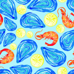 Oysters and shrimp seamless pattern. Sea food watercolor print