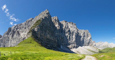 Fototapeta premium The north walls of Karwendel mountains - Dreizinken spitze, Laliderer spitze, Laliderer wand peaks.