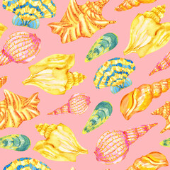 Sea beach seashells seamless pattern. Watercolor golden sea shells on a pink background