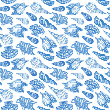 Watercolor sea shell background in blue color. Seashells seamless pattern