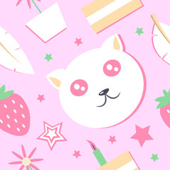 Cute seamless pattern. Pastel pink pattern with kawaii cat. Strawberry, birthday cake, kitty, star, flower and feather. Ideal for fabric, wallpaper, wrapping paper, textile, bedding, t-shirt print. 