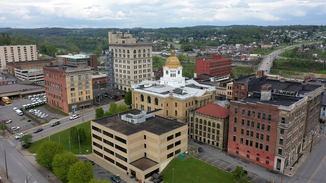 The Marion County courthouse in Fairmont, WV, and the surrounding small town and countryside in the appalachian mountains.