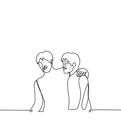 friends laugh and smile hugging - one line drawing vector. concept friends have fun