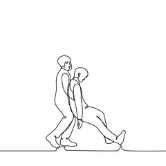man supporting weakened unconscious man - one line drawing vector. concept first aid, support