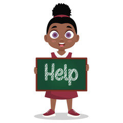 The child holds a sign with the inscription help in his hands. Vector illustration