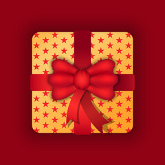 Present in box vector, isolated icon of container decorated with red bow stripe. Gift in wrapping paper with stars pattern. Festive traditions on birthday or Christmas. Celebration of holidays