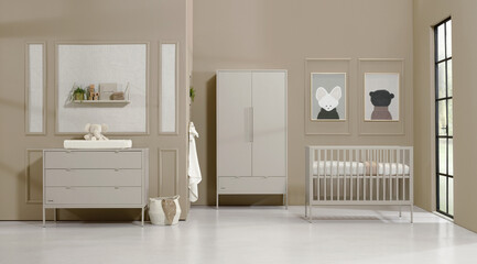 Fototapeta na wymiar Luxury and modern beige nursery baby room with furniture
