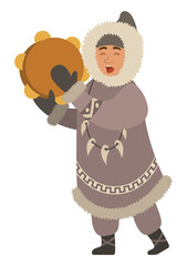 Eskimo singing songs and playing traditional national musical instrument. Isolated inuit wearing thick jacket and necklace made of fangs. Northern person with cultural customs. Vector in flat style