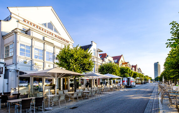 Travemünde, Germany - September 6: streetscene with buildings of the baltic sea town Travemünde on September 6, 2022