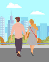 Boyfriend and girlfriend on date in city. Man and woman holding hands walking straight into direction of town. Dating people in love back view of characters. Romantic pair vector in flat style