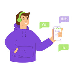 Cartoon smiling man on headphones holding phone in his hand. Man using a mobile app for learning a foreign language.