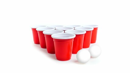 3D rendering of red beer pong cups and white balls isolated on a white background