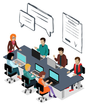 People thinking on new project. Isolated conference of business partners chatting and typing info on laptop. Leader of company with workers brainstorming. Man and woman with pc by tables vector