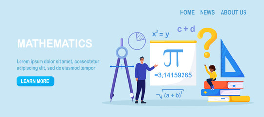 Math school subject. Pupil studying mathematics in classroom. Teacher pointing at chalkboard, teaching kids. Children learn maths, arithmetics, algebra and geometry. Education, knowledge - obrazy, fototapety, plakaty