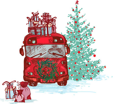 Christmas Red bus with fir tree decorated balls and gifts on roof. White snowy seamless background and text Merry Christmas and Happy New Year. Greeting card. PNG