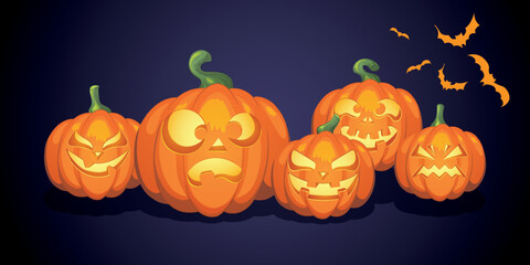 Halloween pumpkins and bats illustration on a purple background- Happy halloween design banner