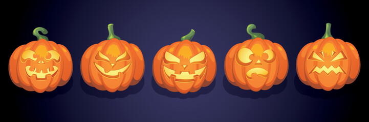 Halloween pumpkins and bats illustration on a purple background- Happy halloween design banner