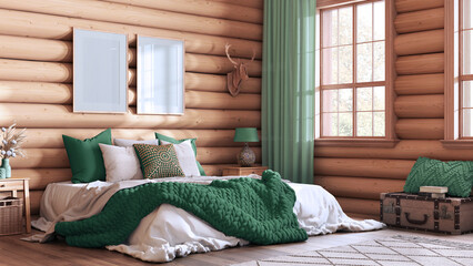 Log cabin bedroom in green and beige tones. Double bed with blanket and duvet, carpet and parquet....