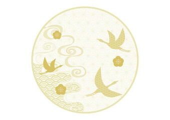 鶴と梅の花と和柄の円形イラスト