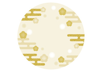 梅の花とエ霞文の円形フレームイラスト