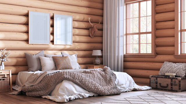 Log cabin bedroom in white and beige tones. Double bed with blanket and duvet, carpet and parquet. Frame mockup, farmhouse interior design