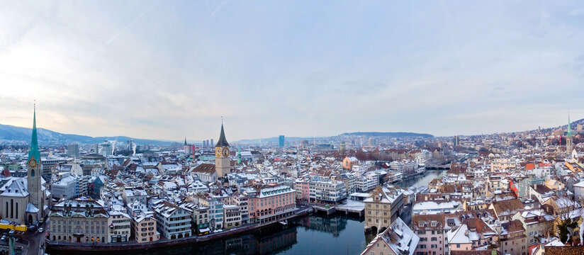 Panoramic view of Zurich city in winter, Switzerland