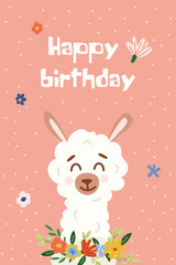 Obraz na płótnie Canvas Vector greeting birthday card template. Happy cute alpaca on pink background. Celebration illustration.