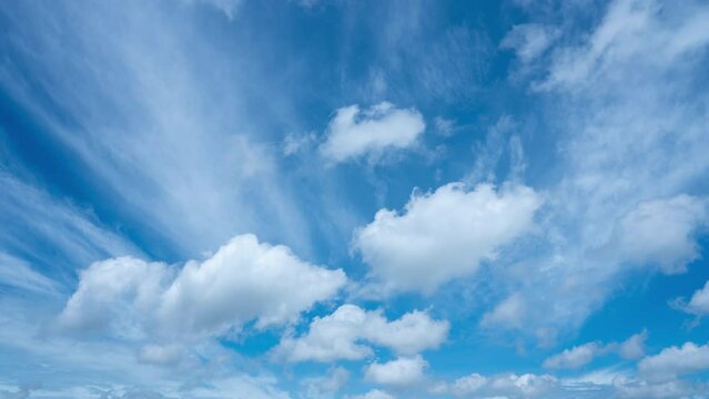 Natural blue clouds sky background with beautiful puffy white cumulus clouds fluffy cirrus cloudscape on bright daylight. Heaven sky nice weather